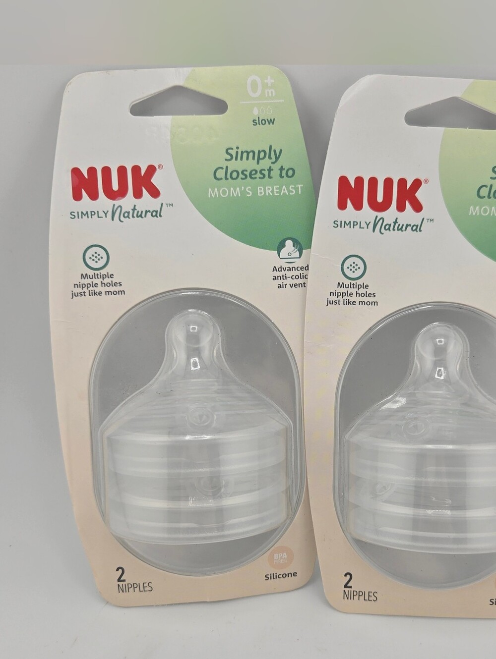 (2) NUK 2 Pack 0M+ Bottle Nipples Simply Natural Anti Colic Silicone Slow Flow